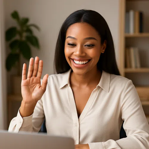 Mulher negra sorridente acenando durante um atendimento psicológico contra a ansiedade.