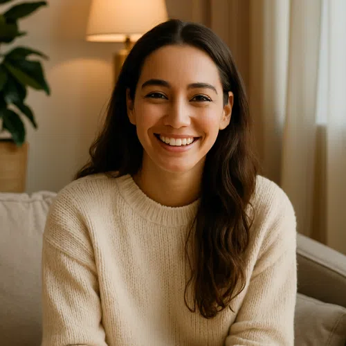 Uma mulher sorrindo para a câmera na Clinica de Psicologia Online, sem ansiedade.